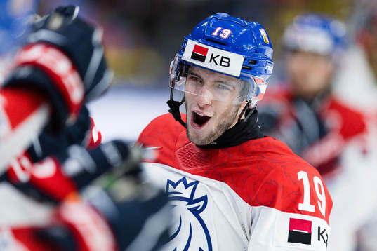 Ondrej Becher of Czech Republic celebrates the 5-5 goal