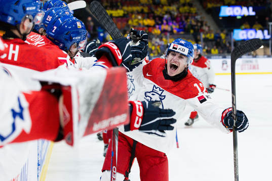 Dominik Rymon of Czech Republic celebrates the 7-5 goal