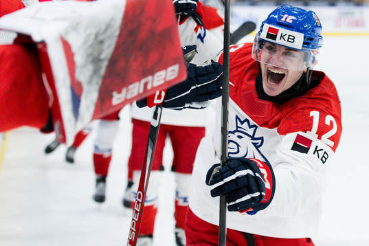 Dominik Rymon of Czech Republic celebrates the 7-5 goal