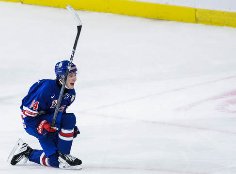 Gabe Perreault of USA celebrates the 1-0 goal