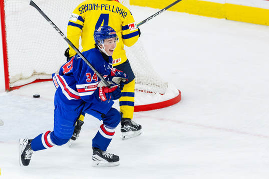 Gabe Perreault of USA celebrates the 1-0 goal