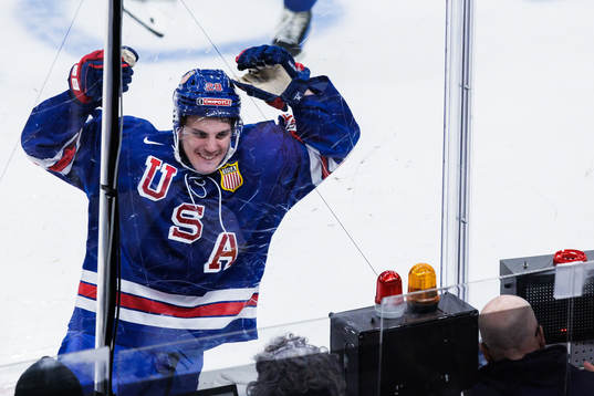 Zeev Buium of USA celebrates the 4-2 goal