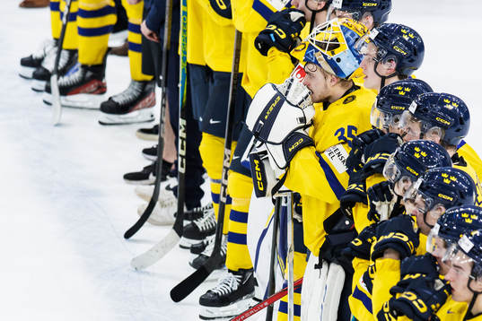 Goaltender Hugo Hävelid of Sweden looks dejected