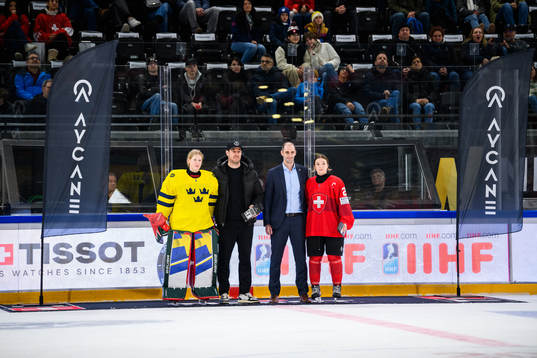 Goalkeeper Maja Helge of Sweden and Naemi Herzig of