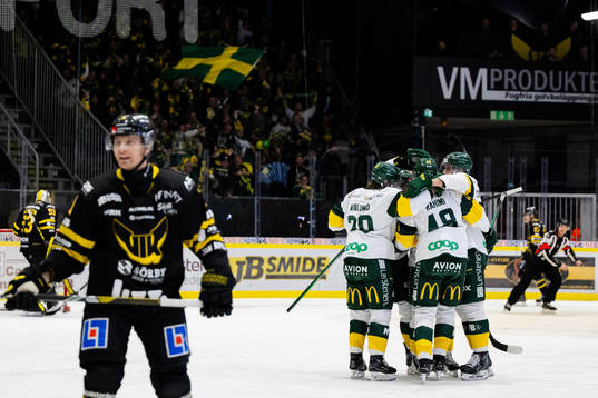 Björklövens spelare jublar med Daniel Rahimi