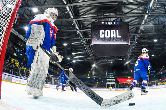 Goaltender Livia Debnarova of Slovakia looks dejected