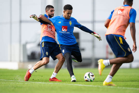 Rami Al Hajj and goalkeeper Oliver Dovin of the Swedish
