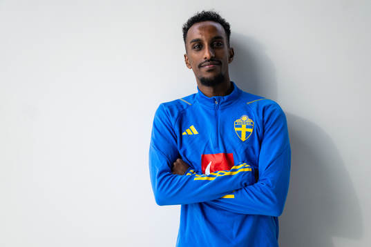 Taha Ali of the Swedish men's football national team pose