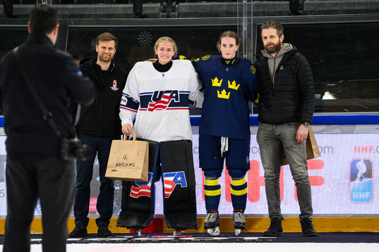 Goaltender Layla Hemp of USA and Nellie Svensson of Sweden