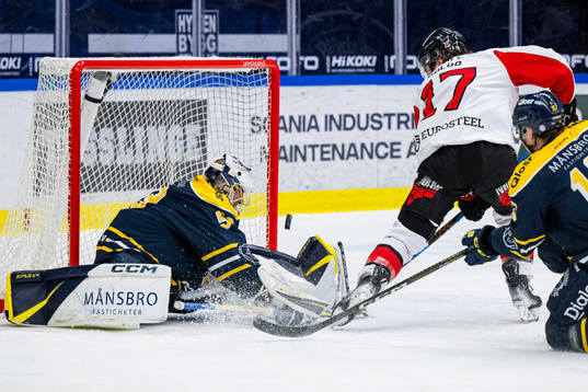 Södertäljes målvakt Claes Endre och Nybros Maxim Golod