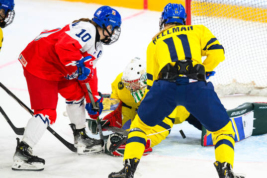 Adela Sapovalivova of Czechia and goalkeeper Maja Helge of