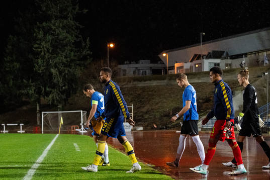 Goalkeeper Oliver Dovin and Isaac Kiese Thelin of Sweden
