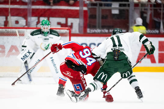 Timrås Sebastian Hartmann och Färjestads Joakim Nygård