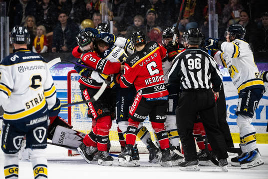 Luleås Marcus Hardegård och HV71s Radan Lenc bråkar