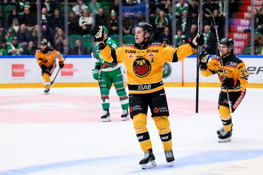 Luleås Juhani Tyrväinen och Brendan Shinnimin jublar