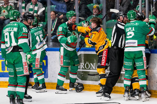 Rögles Brandon Davidson och Luleås Isac Hedqvist slåss