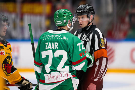 Rögles Daniel Zaar i samtal med domare Christoffer Holm