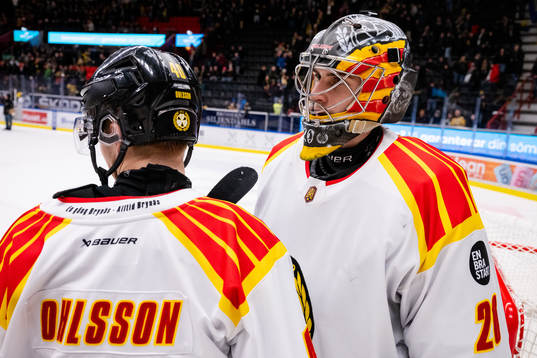 Brynäs målvakt Damian Clara jublar