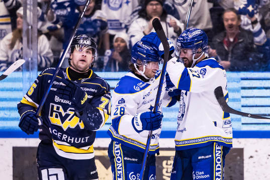 Leksands Justin Glenn Kloos och Marek Hrivik jublar