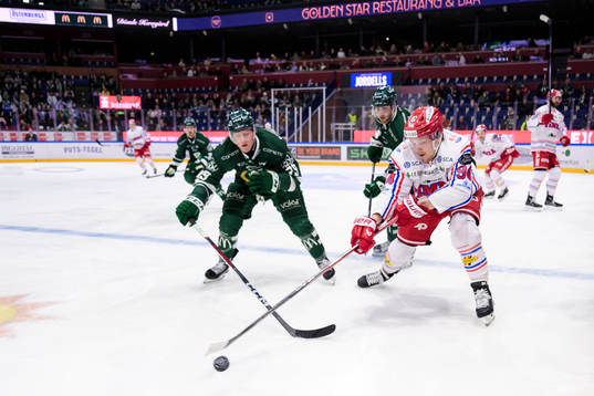 Färjestads Patrik Lundh och Timrås Sebastian Hartmann