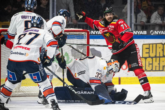 Luleås Adam Brodecki jublar och Växjös målvakt Emil