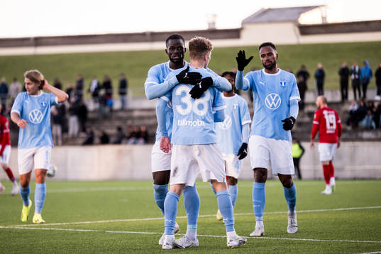 Malmö FFs Malik Abubakari och Hugo Bolin jublar