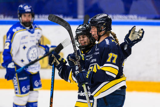 HV71s Kiira Yrjänen  och HV71s Mira Jungåker jublar