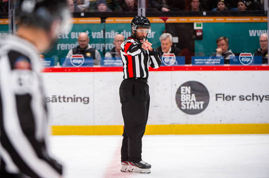 Domare Fredrik Rönnberg signalerar mål