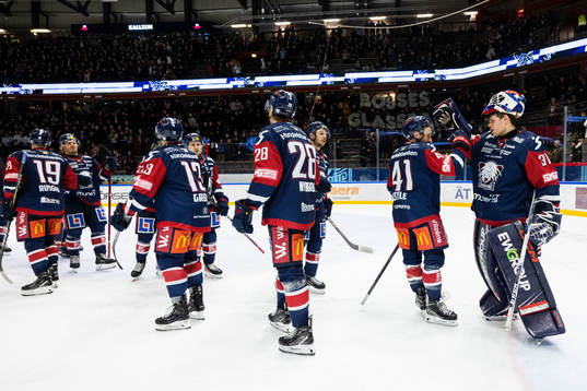 Linköpings målvakt Jesper Myrenberg jublar med lagkamrater
