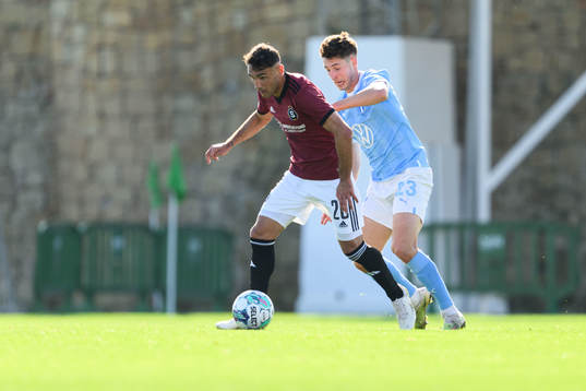 Qazim Laci of Sparta Prag and Lasse Berg Johnsen of Malmö