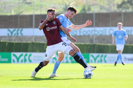 Qazim Laci of Sparta Prag and Lasse Berg Johnsen of Malmö