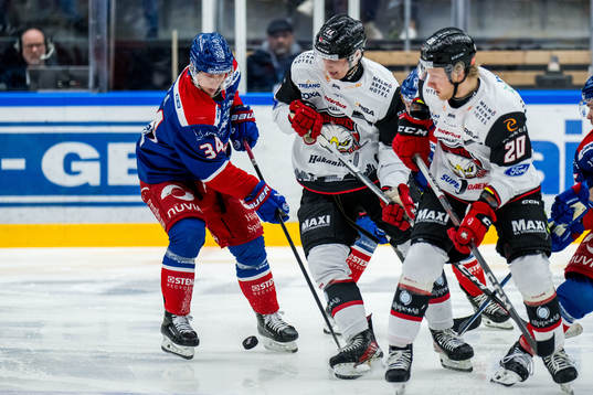 Oskarshamns Olli Palola och Malmö Redhawks Freddie Larsson