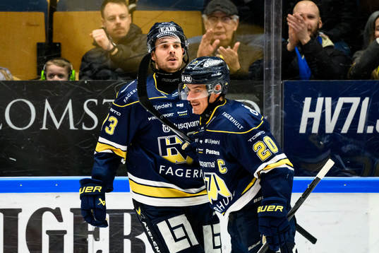 HV71s Nicholas Shore och André Petersson jublar