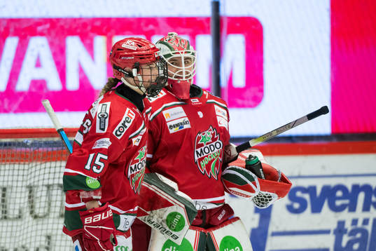 Modos Maja Grundström och målvakt Andrea Brändli jublar