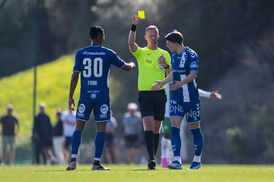 Sander Christiansen of Sarpsborg 08 receives a yellow card