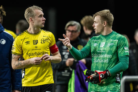 Johan Larsson and goalkeeper Isak Pettersson of Elfsborg