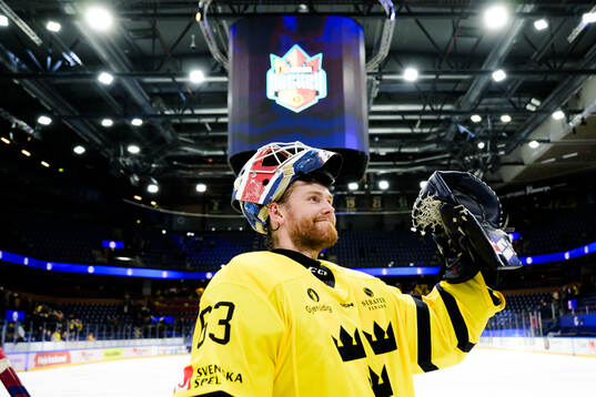 goaltender Marcus Högberg of Sweden celebrates