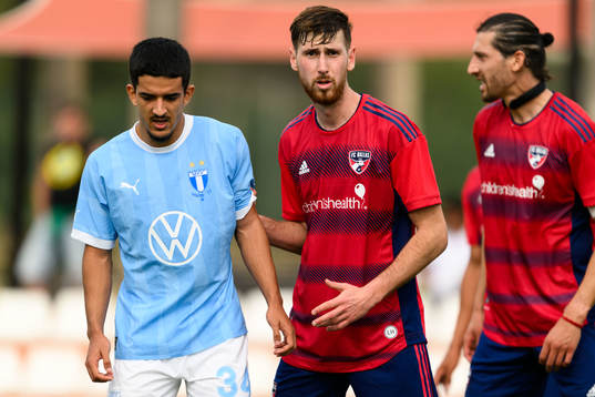 Zakaria Loukili of Malmö FF and Korca Amet of Dallas