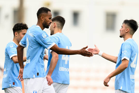 Isaac Kiese Thelin and Alexander Hughes of Malmö FF