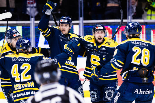 Södertäljes Viktor Liljegren jublar med Hampus Harlestam