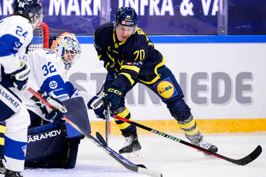 goaltender Emil Larmi of Finland and Dennis Rasmussen of