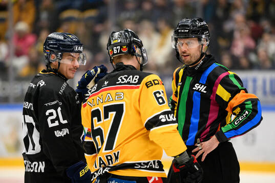 HV71s André Petersson  och domare Andreas Harnebring