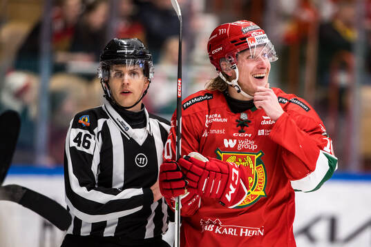 Linjedomare Niclas Rosendahl och Moras Anthon Eriksson