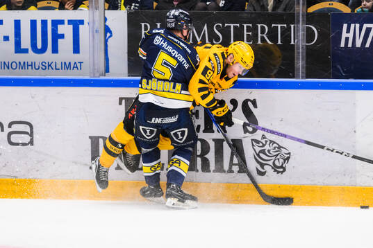 HV71s Victor Sjöholm  och Skellefteås Rickard Hugg