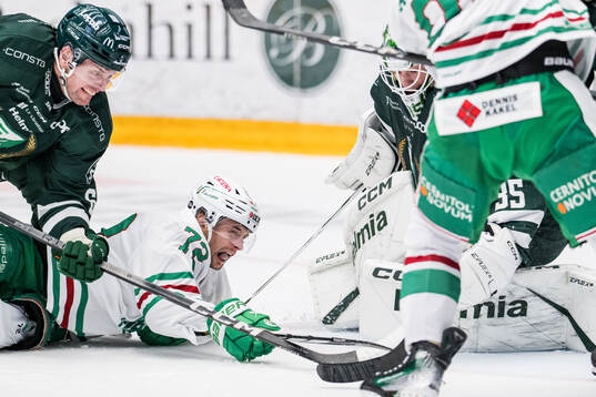 Rögles Simon Ryfors och Färjestads målvakt Carl Lindbom