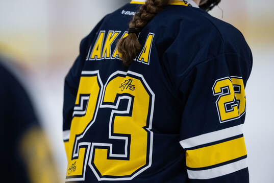HV71s spelare med tröjor för att hedra Sanni Hakala