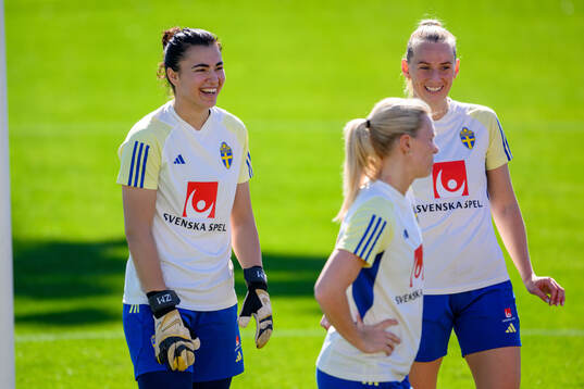 Goalkeeper Zecira Musovic and Stina Blackstenius of Sweden
