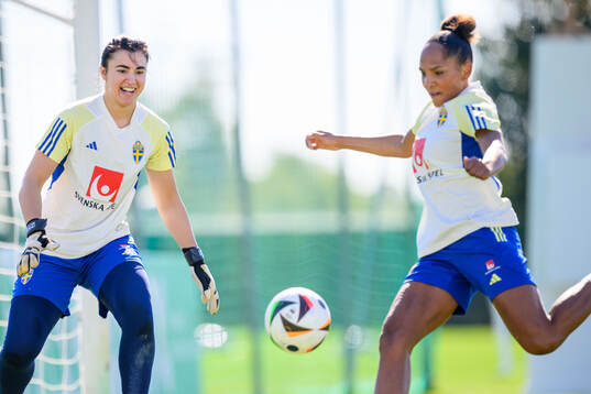 Goalkeeper Zecira Musovic and Madelen Janogy of Sweden of