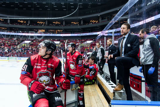 Malmö Redhawks Axel Sundberg, Carl Persson och tränare