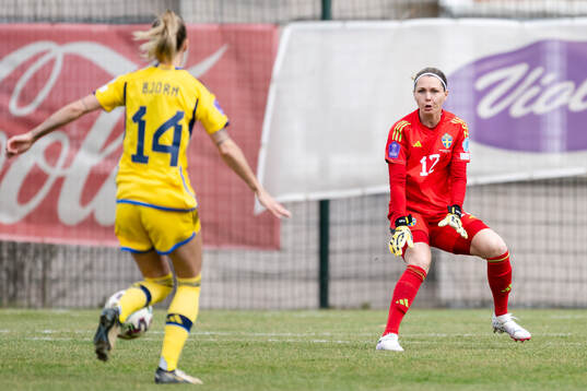 Nathalie Björn and goalkeeper Jennifer Falk of Sweden